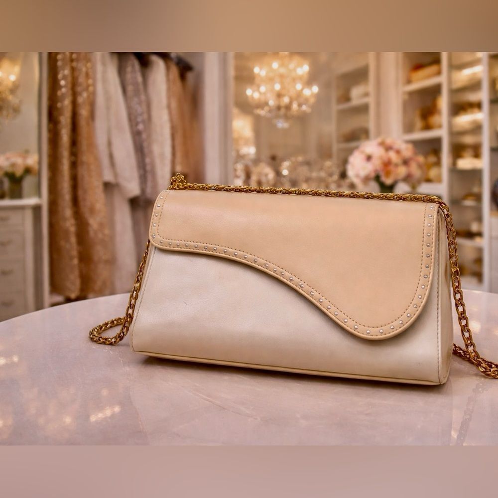 *Bellini* Nude & White Classic Flap Designer Style Handbag with Chain Strap